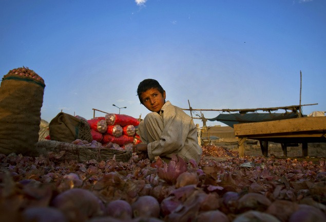 Pakistanec Imran Khan (12) dostane za osem hodín triedenia cibule v prepočte asi 2,4 eura.