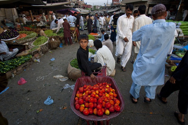 Pakistanec Javed Khan (10) zarobí počas osmich hodín predaja a ovocia zeleniny v prepočte asi 3 eurá. Musí z nich živiť rodinu.