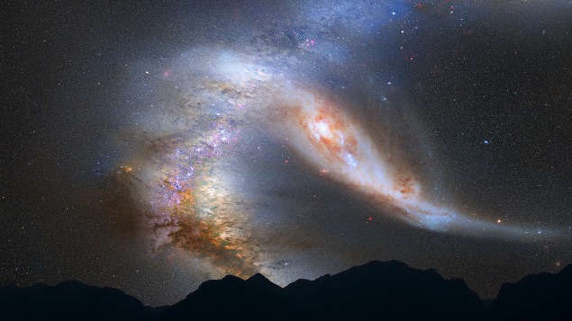 Takto by mala podľa NASA vyzerať zrážka našej galaxie (vľavo) s Andromedou.