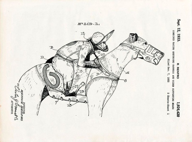 Patent na postroj určený opici, aby mohla jazdiť ako džokej na chrtovi (Renfro Rennie)