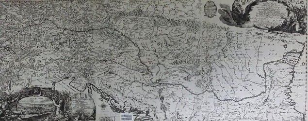 Mapa Dunaja : Danubius Fluviorum Europae Princeps vyšla v Norimbergu v roku 1648 (Excudit Iacobus Sandrart, Chalcographus, sign. SLC 3085)