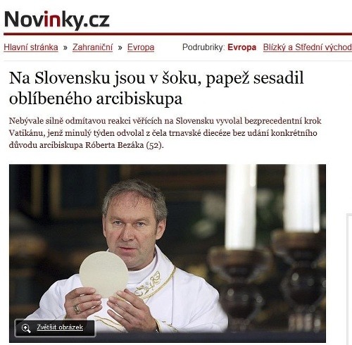 Česko - novinky.cz: Na Slovensku sú v šoku, pápež zosadil obľúbeného arcibiskupa.