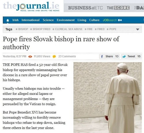 Írsko - thejournal.ie. Pápež odvolal slovenského biskupa vo vzácnej ukážke autority.