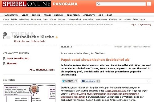 Nemecko - spiegel.de: Pápež odvolal slovenského arcibiskupa.