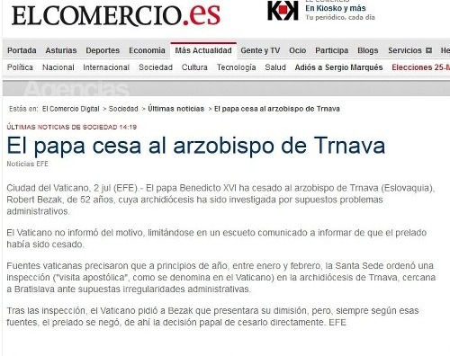 Španielsko - elcomercio.es: Pápež odvolal arcibiskupa z Trnavy.
