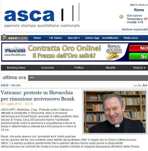 Taliansko - asca.it: Protesty na Slovensku pre odstránenie arcibiskupa Bezáka.