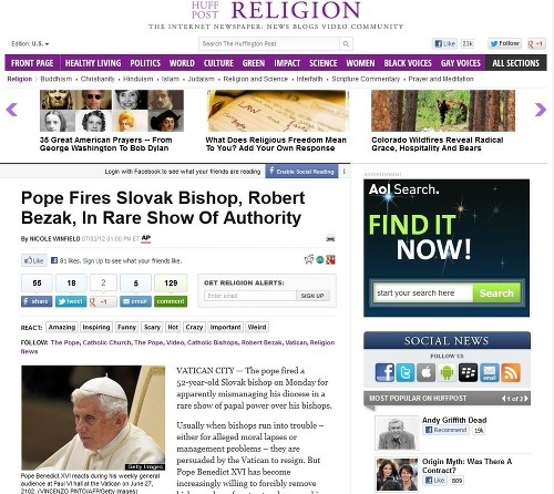 USA - huffingtonpost.com: Pápež vyrazil slovenského arcibiskupa Róberta Bezáka. 