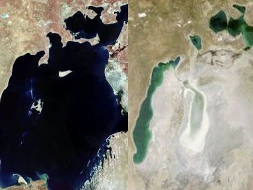 Aralské jazero na hranici Kazachstanu a Uzbekistanu bolo kedysi štvrtým najväčším jazerom na svete. Kvôli nadmernému užívaniu vody na zavlažovanie z neho už dnes veľa neostalo.