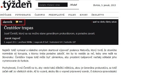 Článok v osudovej rubrike denník s osudovou ikonkou funkcie RSS