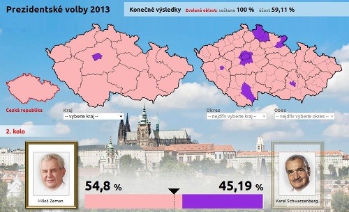 Výsledky volieb podľa krajov (mapka vľavo) a podľa okresov (mapka vpravo).