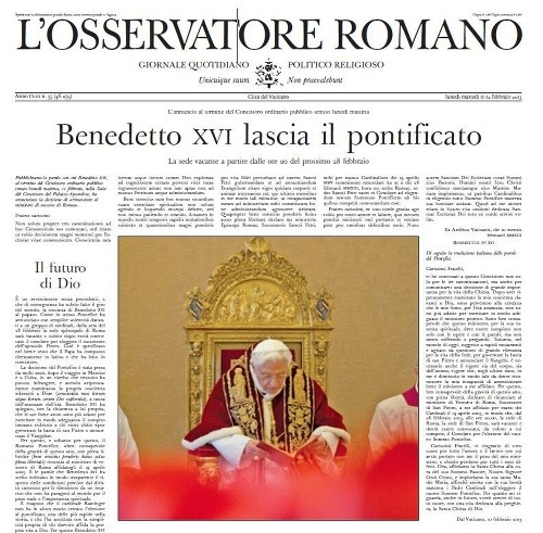 Titulka vatikánskych novín Osservatore