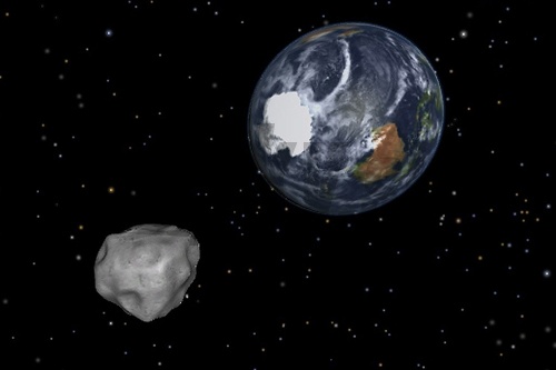 Simulácia asteroidu 2012 DA14, ktorý sa z juhu blíži k Zemi