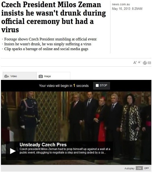 Trampoty českého prezidenta si všimli aj v Austrálii.