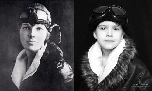 Emma ako Amelia Earhart, americká letkyňa, ktorá ako prvá žena preletela Atlantický oceán