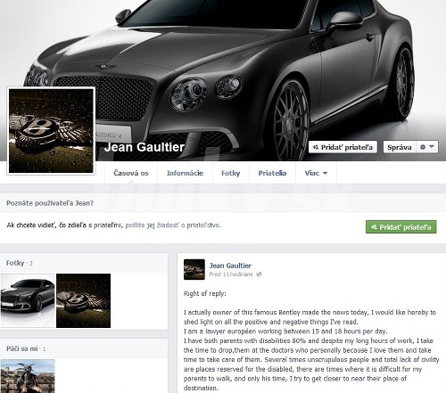 Majiteľ auta si na Facebooku vytvoril profil s menom Jen Gaultier.