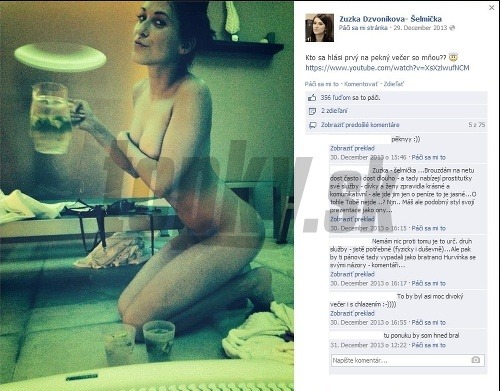 Zuzana Dzvoníková svojich fanúšikov na Facebooku prekvapila nahou fotkou, ktorú doplnila ponukou na príjemný večer strávený v jej spoločnosti. 