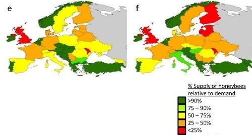 Rozdiel v počte potrebných včelstiev podľa dopytu v krajinách Európy v rokoch 2005 (e) a 2010 (f). Červená farba je najhoršia, tmavozelená najlepšia.