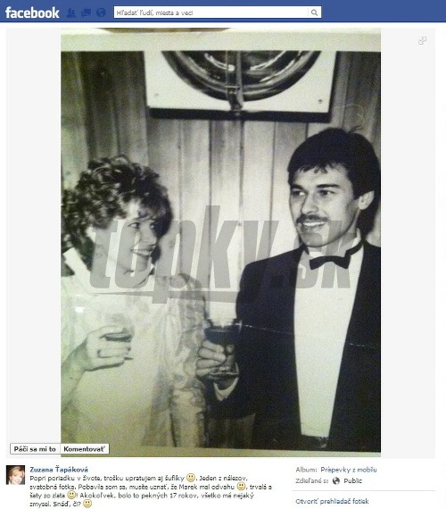 Zuzana Ťapáková si na svoju fanúšikovskú stránku na sociálnej sieti Facebook zavesila svadobnú fotku spred 27-rokov, ktorá ju podľa jej vlastných slov poriadne pobavila.