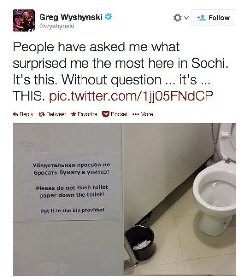 Odkaz na záchodoch v Soči: Nehádžte toaletný papier do misy, ale do koša. Keby aspoň ten kôš bol na voňavé nádielky prispôsobený.