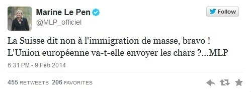 Veľkú radosť z toho mala Marine Le Pen, francúzska politička takisto nechce doma imigrantov.