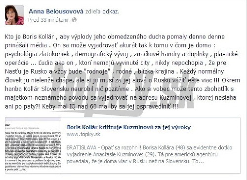 Anna Belousovová adresovala Borisovi Kollárovi pár štipľavých slov. 