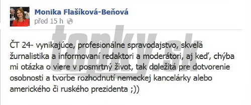 Status Moniky Flašíkovej-Beňovej, v ktorom diváci predvolebných diskusií ľahko spoznajú narážku na Zlaticu Puškárovú. 