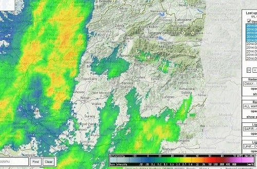 Radarová snímka z času 8:45 h (11. 9. 2014) - dážď na území Slovenska