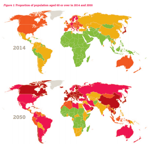 Rozloženia obyvateľstva nad 60 rokov v roku 2014 a 2050
