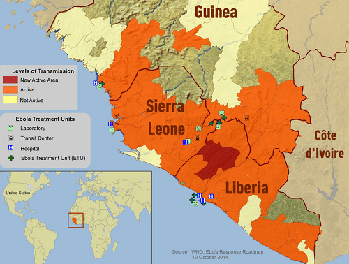 Mapa oblastí s najvyšším výskytom eboly