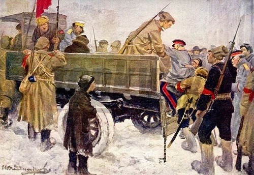 Bývalí cárski dôstojníci sú odvážaní na popravu. Dobová ilustrácia.