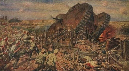 Boľševici bojujú na severe Krymského polostrova s bielogvardejským tankom britskej výroby.
