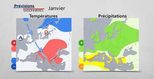 Teploty a zrážky nad Európou v januári