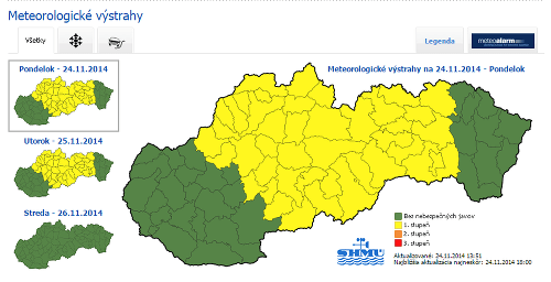 SHMÚ vydal výstrahu pre stredné a západnú časť výhodného Slovenska. Poľadovicu hlásia v okresoch od Trenčína po Poprad.