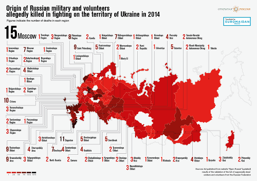 Mapa pôvodu ruských vojakov, ktorí boli údajne zavraždení na Ukrajine v roku 2014 (rozdelenie podľa regiónov)