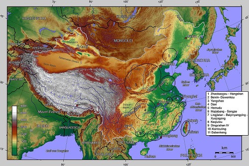 Mapa neolitických čínskych kultúr - kultúra Hongšan je uvedená pod číslom 1