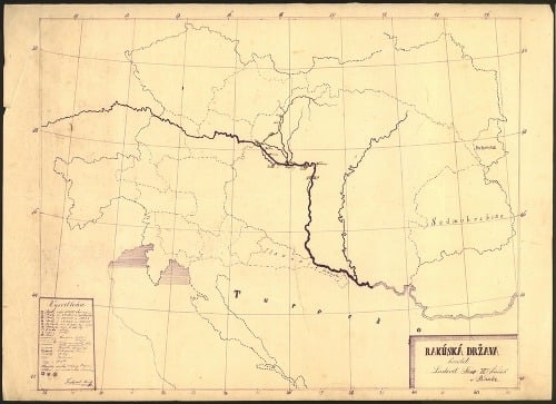 Rukopisná mapa s popisom a podpisom Ľ. Š. (kreslil Ľudoví Štúr – žiak siedmej triedy nižšieho gymnázia v Györi)
