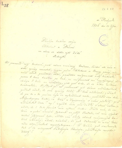 List Ľudovíta Štúra Ctibohovi Zochovi a Danielovi Janovicovi zo 14. 10. 1836, prvá strana