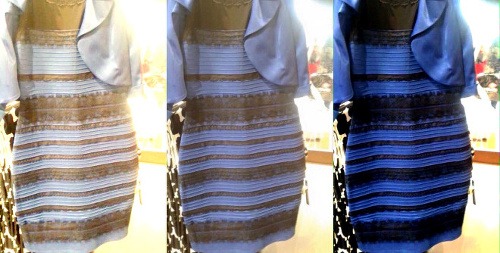 Ľudia vidia šaty buď ako bielo-zlaté vľavo alebo čierno-modré napravo. Ich pôvodná farba je vidieť v strede.