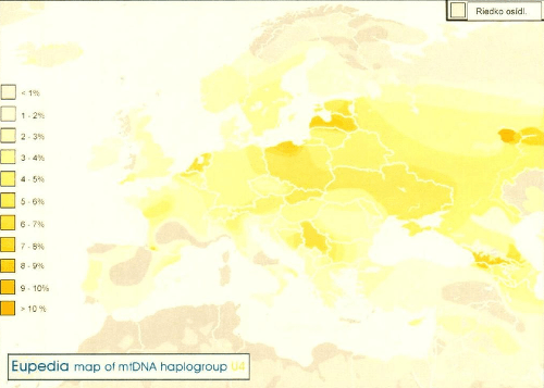 Rozloženie početnosti mitochondriálnej DNA haploskupiny U4 v Európe, najvyššiu početnosť má v slovanských a baltických krajinách