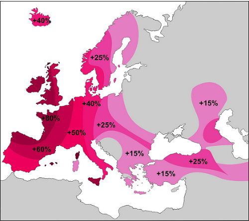 Rozšírenie  Y-DNA haploskupiny R1b v Európe. Čísla vyjadrujú percentuálny podiel výskytu R1b v miestnej populácii.