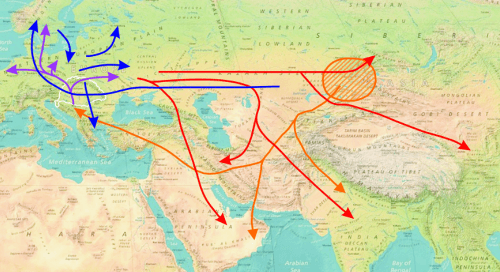 Postup migrácie haploskupiny R1a pred 20 až 6-tisíc rokmi p. n. l