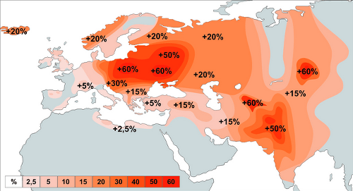 Rozšírenie Y-DNA „slovanskej“ haploskupiny R1a  v Eurázii. Čísla vyjadrujú percentuálny podiel výskytu R1a v miestnej populácii.