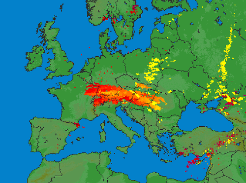 Lokalizácia búrky nad strednou Európou