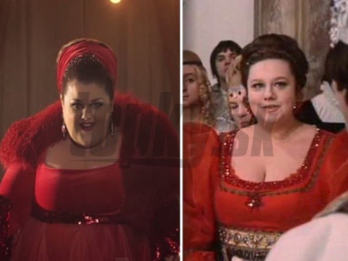 Speváčka Bojana Stamenov v červených šatách pripomína Droběnu. 