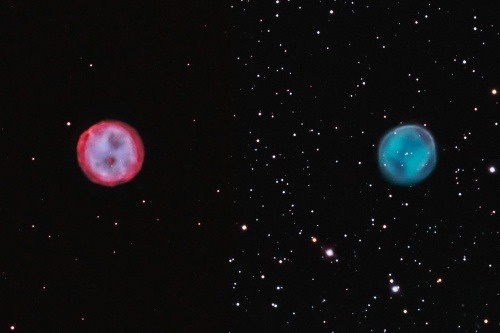 Dva spojené teleskopické portréty planetárnych hmlovín (vpravo je ESO 378-1)