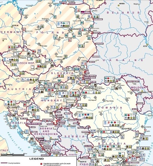 Mapa zobrazujúca tábory v strednej a južnej Európe