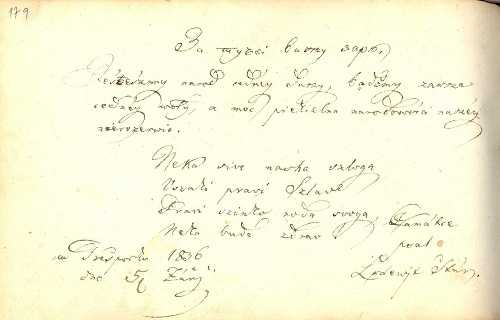 Ľudovít Štúr – [Zápis v pamätníku D. Kyčku z Bratislavy z 5. septembra 1836], autograf, 1 strana, 12 x 19 cm (Literárny archív SNK, sign. J 40)