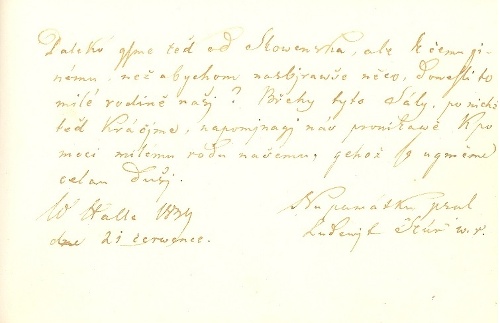 Ľudovít Štúr – [Zápis v albume Jozefa Srenku] z Halle z 21. júla 1839, autograf, 1 strana, 9 x 13 cm (Literárny archív, sign. MJ 636)