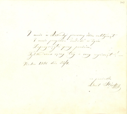 Ľudovít Štúr – [Zápis v pamätníku Adely Ostrolúckej] z Viedne z 22. apríla 1852, autograf, 1 strana, poľsky, 19 x 25 cm (Literárny archív, sign. J 46)