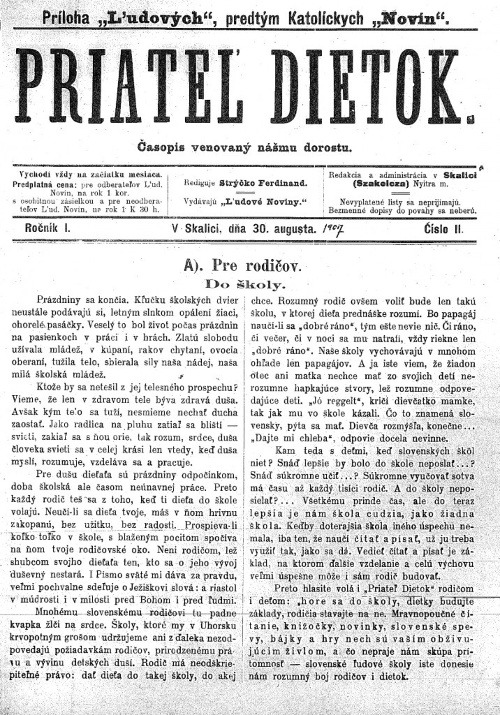 Priateľ dietok, príloha Ľudových novín, 1907